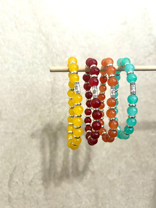 Yellow, Maroon, Orange, Teal Bracelet Set with Silver Intervals