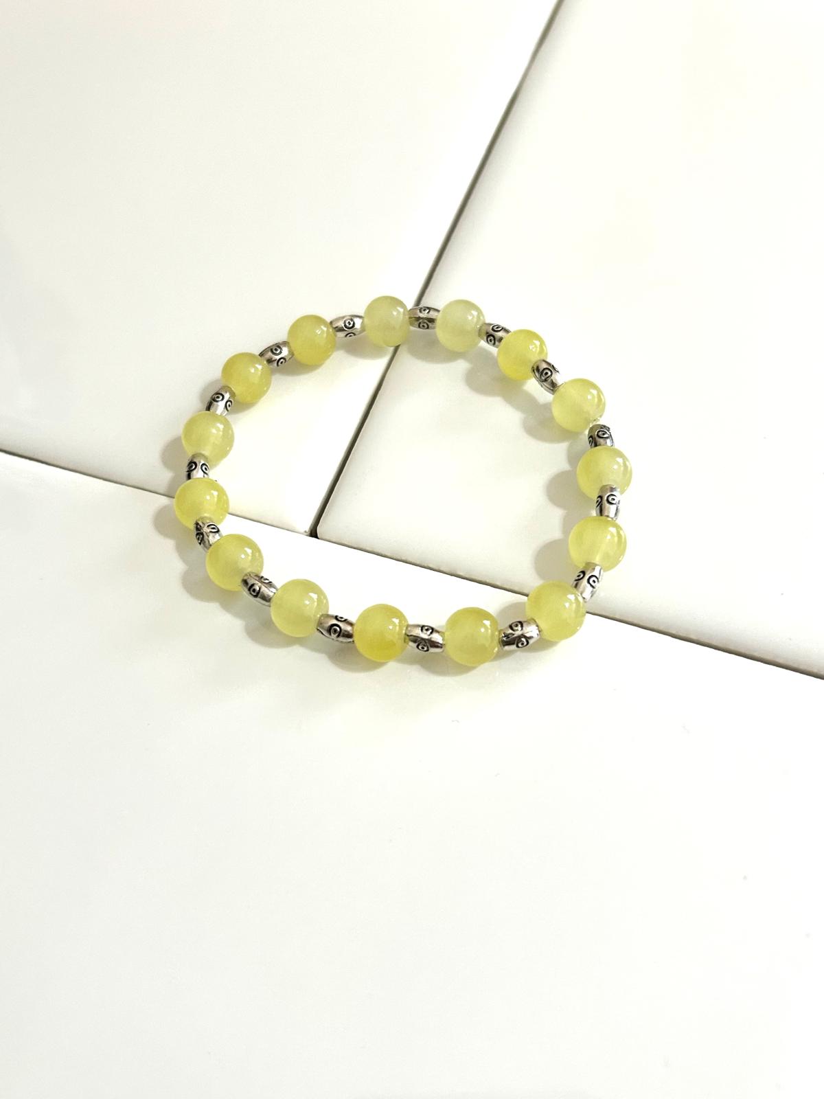Aqua Blue, Light Yellow, and Grey Bracelet set with Silver engraved Intervals