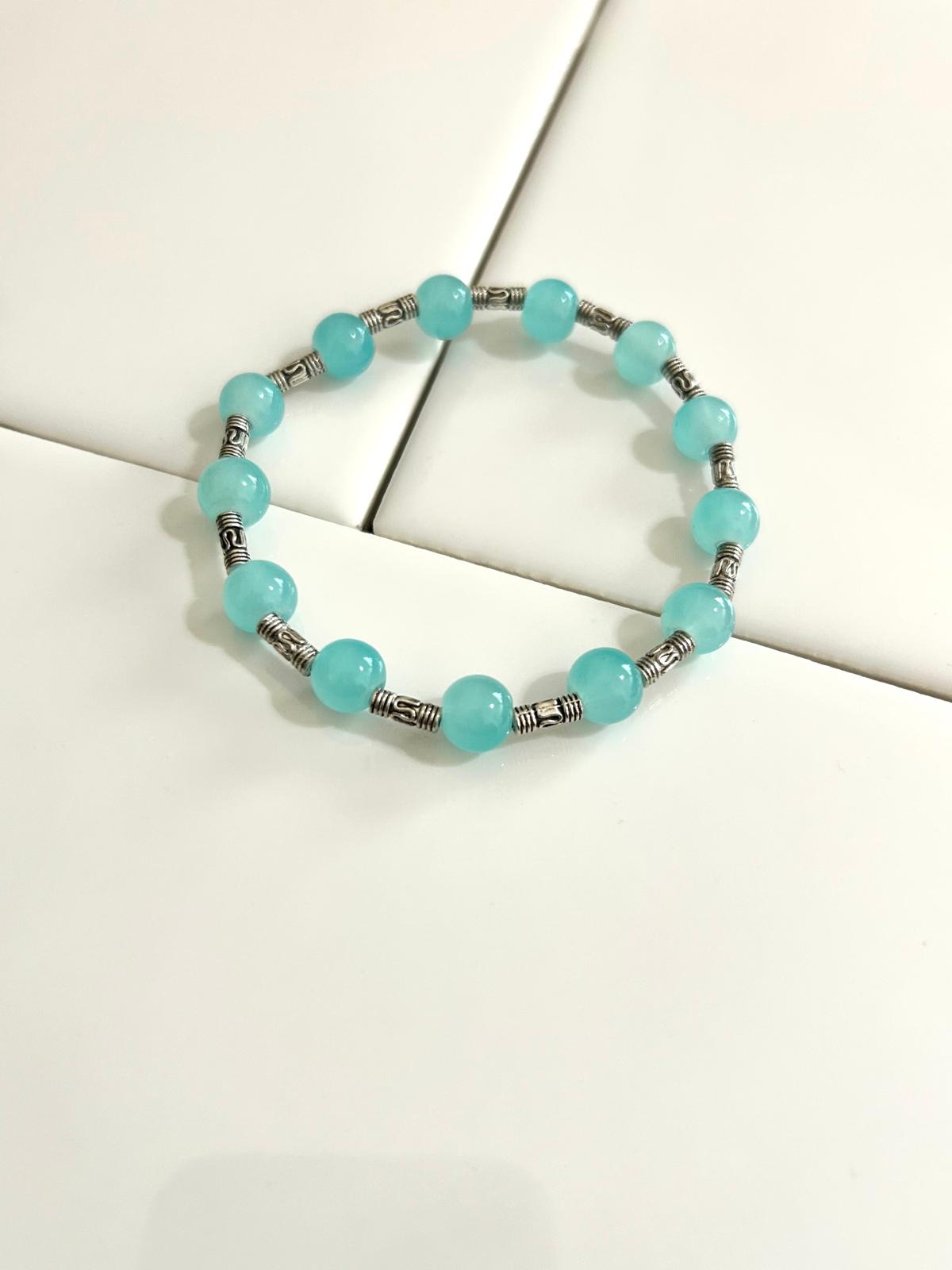 Aqua Blue, Light Yellow, and Grey Bracelet set with Silver engraved Intervals