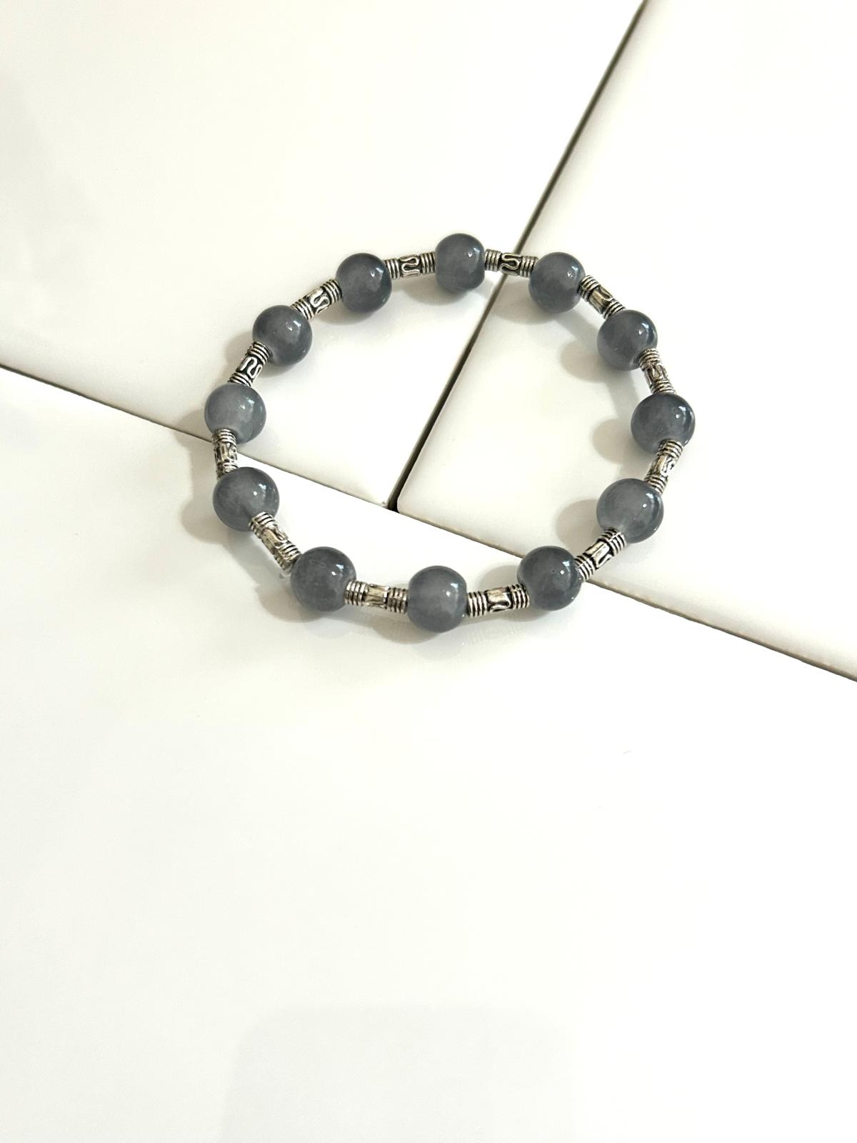 Aqua Blue, Light Yellow, and Grey Bracelet set with Silver engraved Intervals